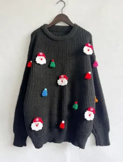 Discount Women's Sweater Ugly Sweater Casual Soft Santa Claus Ribbed Crew Neck Knitted Long Sleeve Regular Tops Knit Outdoor Daily Weekend Black Fall Winter Women Pullovers & Tops
