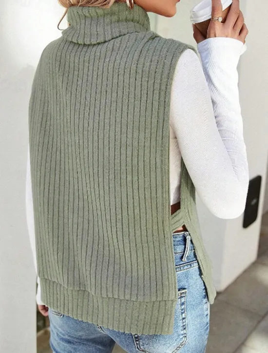 Clearance Women's Sweater Vest Casual Soft Solid Color Ribbed Turtleneck Split Knitted Sleeveless Regular Tops Knit Outdoor Daily Weekend Khaki Fall Winter Women Pullovers & Tops