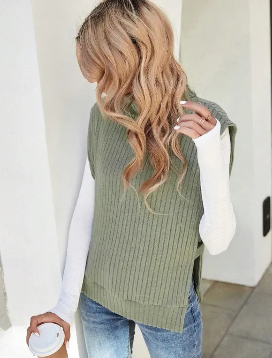 Clearance Women's Sweater Vest Casual Soft Solid Color Ribbed Turtleneck Split Knitted Sleeveless Regular Tops Knit Outdoor Daily Weekend Khaki Fall Winter Women Pullovers & Tops