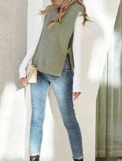 Clearance Women's Sweater Vest Casual Soft Solid Color Ribbed Turtleneck Split Knitted Sleeveless Regular Tops Knit Outdoor Daily Weekend Khaki Fall Winter Women Pullovers & Tops