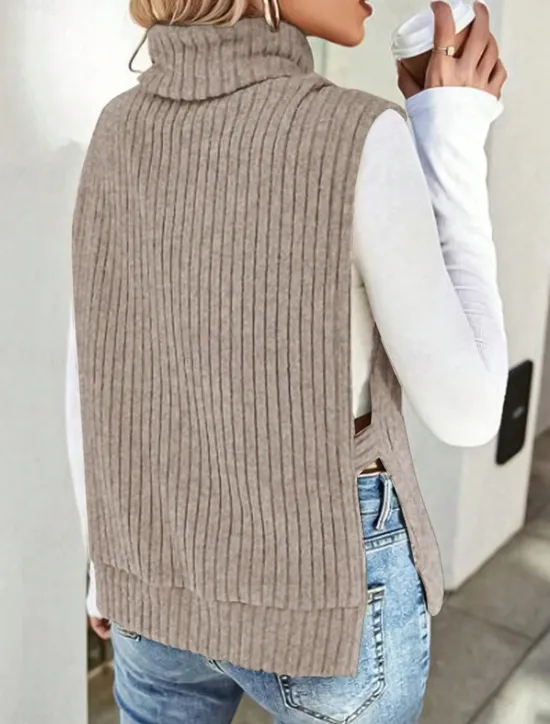 Clearance Women's Sweater Vest Casual Soft Solid Color Ribbed Turtleneck Split Knitted Sleeveless Regular Tops Knit Outdoor Daily Weekend Khaki Fall Winter Women Pullovers & Tops