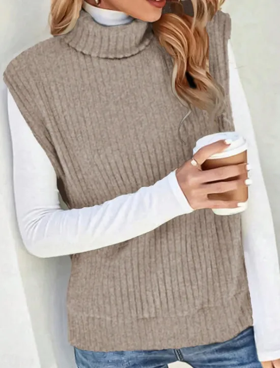 Clearance Women's Sweater Vest Casual Soft Solid Color Ribbed Turtleneck Split Knitted Sleeveless Regular Tops Knit Outdoor Daily Weekend Khaki Fall Winter Women Pullovers & Tops