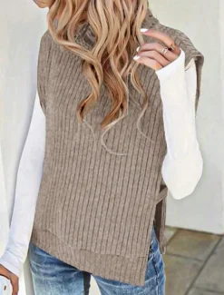 Clearance Women's Sweater Vest Casual Soft Solid Color Ribbed Turtleneck Split Knitted Sleeveless Regular Tops Knit Outdoor Daily Weekend Khaki Fall Winter Women Pullovers & Tops