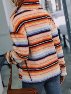 Discount Women's Sweatshirt Casual Sherpa Striped Street Dailywear High Neck Zipper Pocket Print Long Sleeve Fall Winter Women Hoodies & Sweatshirts