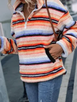 Discount Women's Sweatshirt Casual Sherpa Striped Street Dailywear High Neck Zipper Pocket Print Long Sleeve Fall Winter Women Hoodies & Sweatshirts