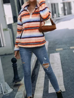 Discount Women's Sweatshirt Casual Sherpa Striped Street Dailywear High Neck Zipper Pocket Print Long Sleeve Fall Winter Women Hoodies & Sweatshirts