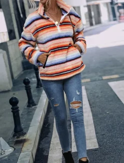 Discount Women's Sweatshirt Casual Sherpa Striped Street Dailywear High Neck Zipper Pocket Print Long Sleeve Fall Winter Women Hoodies & Sweatshirts