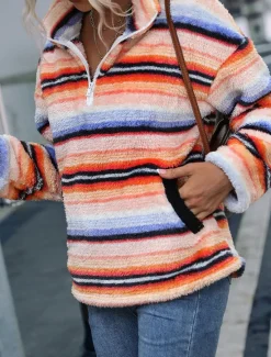Discount Women's Sweatshirt Casual Sherpa Striped Street Dailywear High Neck Zipper Pocket Print Long Sleeve Fall Winter Women Hoodies & Sweatshirts