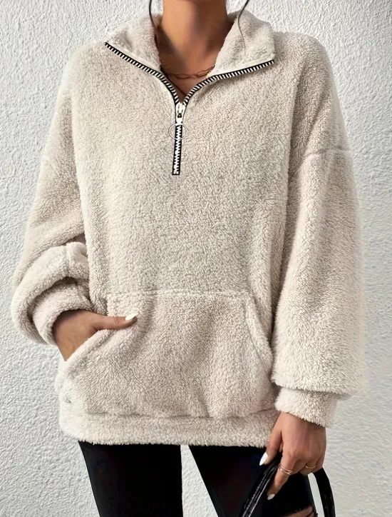 Women's Sweatshirt Casual Sherpa Fleece Plain Street Dailywear Turtleneck Pocket Half Zip Long Sleeve Brown Beige Gray Fall Winter Women Hoodies & Sweatshirts