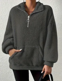 Women's Sweatshirt Casual Sherpa Fleece Plain Street Dailywear Turtleneck Pocket Half Zip Long Sleeve Brown Beige Gray Fall Winter Women Hoodies & Sweatshirts