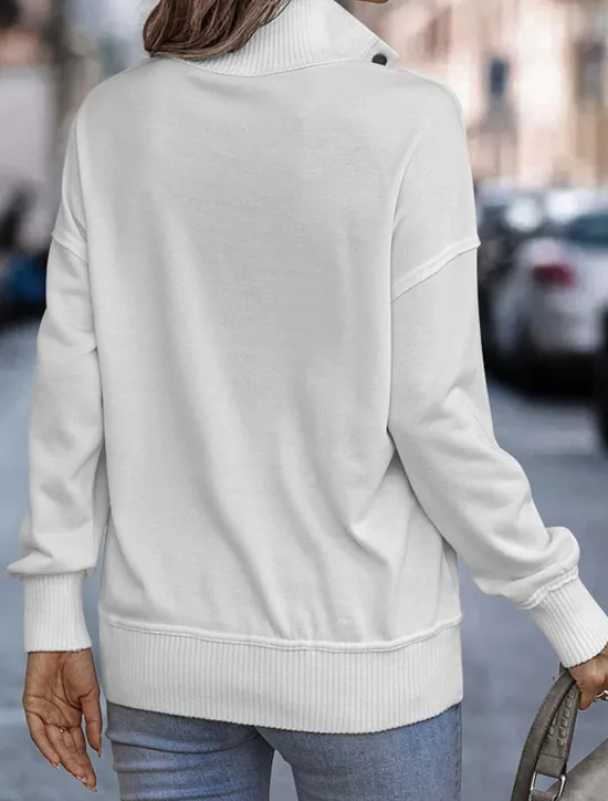 Discount Women's Sweatshirt Casual Plain Street Dailywear Turtleneck Buttons Long Sleeve White Pink Gray Fall Winter Women Hoodies & Sweatshirts