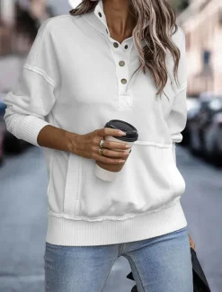 Discount Women's Sweatshirt Casual Plain Street Dailywear Turtleneck Buttons Long Sleeve White Pink Gray Fall Winter Women Hoodies & Sweatshirts