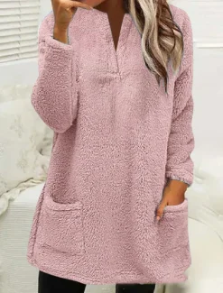 Women's Sweatshirt Casual Sherpa Plain Street Dailywear Crew Neck Pocket Long Sleeve Pink Beige Gray Fall Winter Women Hoodies & Sweatshirts