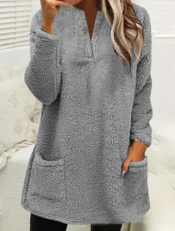 Women's Sweatshirt Casual Sherpa Plain Street Dailywear Crew Neck Pocket Long Sleeve Pink Beige Gray Fall Winter Women Hoodies & Sweatshirts