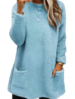 Discount Women's Sweatshirt Casual Sherpa Plain Dailywear Crew Neck Pocket Long Sleeve Pink Blue Green Gray Fall Winter Women Hoodies & Sweatshirts