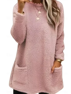 Discount Women's Sweatshirt Casual Sherpa Plain Dailywear Crew Neck Pocket Long Sleeve Pink Blue Green Gray Fall Winter Women Hoodies & Sweatshirts