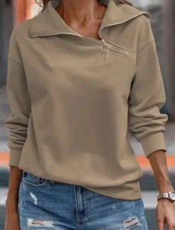 Best Women's Sweatshirt Casual Plain Street Dailywear V Neck Zipper Long Sleeve Green Khaki Gray Fall Winter Women Hoodies & Sweatshirts