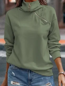 Best Women's Sweatshirt Casual Plain Street Dailywear V Neck Zipper Long Sleeve Green Khaki Gray Fall Winter Women Hoodies & Sweatshirts