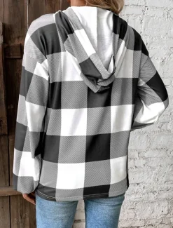 Best Women's Sweatshirt Casual Plaid Street Dailywear Hoodie Buttons Print Long Sleeve Black Khaki Fall Winter Women Hoodies & Sweatshirts