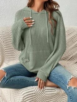 New Women's Sweatshirt Casual Plain Street Dailywear Hooded Pocket Long Sleeve Green Beige Fall Winter Women Hoodies & Sweatshirts