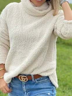 Women's Sweatshirt Casual Sherpa Plain Street Dailywear Turtleneck Print Long Sleeve Green Beige Gray Fall Winter Women Hoodies & Sweatshirts