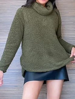 Women's Sweatshirt Casual Sherpa Plain Street Dailywear Turtleneck Print Long Sleeve Green Beige Gray Fall Winter Women Hoodies & Sweatshirts