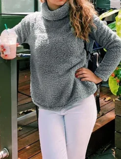 Women's Sweatshirt Casual Sherpa Plain Street Dailywear Turtleneck Print Long Sleeve Green Beige Gray Fall Winter Women Hoodies & Sweatshirts