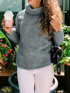 Women's Sweatshirt Casual Sherpa Plain Street Dailywear Turtleneck Print Long Sleeve Green Beige Gray Fall Winter Women Hoodies & Sweatshirts