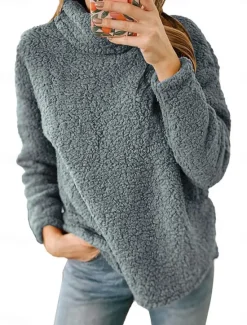 Women's Sweatshirt Casual Sherpa Plain Street Dailywear Turtleneck Print Long Sleeve Green Beige Gray Fall Winter Women Hoodies & Sweatshirts