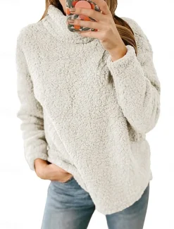 Women's Sweatshirt Casual Sherpa Plain Street Dailywear Turtleneck Print Long Sleeve Green Beige Gray Fall Winter Women Hoodies & Sweatshirts