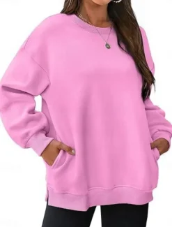 Online Women's Sweatshirt Casual Plain Street Dailywear Crew Neck Pocket Long Sleeve Black Pink Khaki Fall Winter Women Hoodies & Sweatshirts