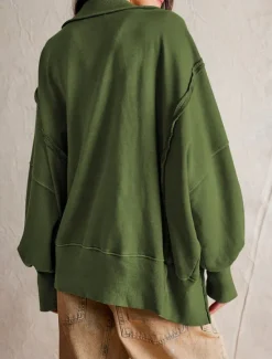 Women's Sweatshirt Casual Plain Street Dailywear V Neck Buttons Long Sleeve White Fuchsia Green Fall Winter Women Hoodies & Sweatshirts
