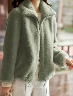 Clearance Women's Sweatshirt Casual Sherpa Plain Street Dailywear Turtleneck Zipper Pocket Long Sleeve White Light Green Khaki Fall Winter Women Hoodies & Sweatshirts