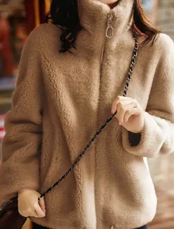 Clearance Women's Sweatshirt Casual Sherpa Plain Street Dailywear Turtleneck Zipper Pocket Long Sleeve White Light Green Khaki Fall Winter Women Hoodies & Sweatshirts