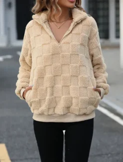 Clearance Women's Sweatshirt Casual Sherpa Fleece Plain Street Dailywear Turtleneck Zipper Long Sleeve Fall Winter Women Hoodies & Sweatshirts