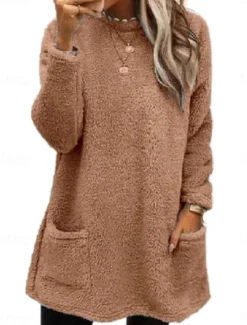 New Women's Sweatshirt Casual Sherpa Plain Dailywear Crew Neck Pocket Long Sleeve Brown Green Gray Fall Winter Women Hoodies & Sweatshirts