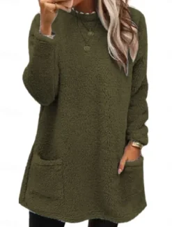 New Women's Sweatshirt Casual Sherpa Plain Dailywear Crew Neck Pocket Long Sleeve Brown Green Gray Fall Winter Women Hoodies & Sweatshirts
