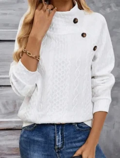New Women's Sweatshirt Casual Textured Plain Street Dailywear Crew Neck Buttons Long Sleeve Fall Winter Women Hoodies & Sweatshirts