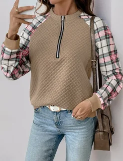 Outlet Women's Sweatshirt Casual Plaid Street Dailywear Crew Neck Zipper Print Long Sleeve Fall Winter Women Hoodies & Sweatshirts