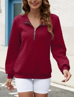 Best Women's Sweatshirt Casual Textured Plain Street Dailywear Hoodie Print Long Sleeve White Wine Purple Fall Winter Women Hoodies & Sweatshirts