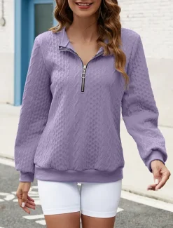 Best Women's Sweatshirt Casual Textured Plain Street Dailywear Hoodie Print Long Sleeve White Wine Purple Fall Winter Women Hoodies & Sweatshirts