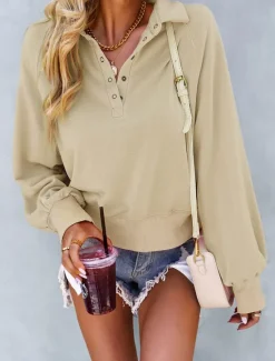 Clearance Women's Sweatshirt Casual Plain Street Dailywear Turtleneck Buttons Long Sleeve Pink Green Beige Fall Winter Women Hoodies & Sweatshirts
