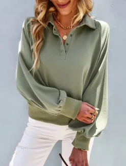 Clearance Women's Sweatshirt Casual Plain Street Dailywear Turtleneck Buttons Long Sleeve Pink Green Beige Fall Winter Women Hoodies & Sweatshirts