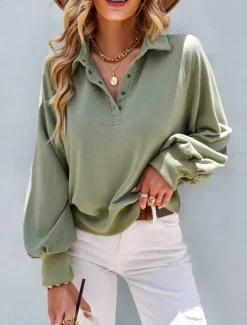 Clearance Women's Sweatshirt Casual Plain Street Dailywear Turtleneck Buttons Long Sleeve Pink Green Beige Fall Winter Women Hoodies & Sweatshirts
