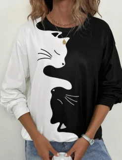 Discount Women's Sweatshirt Cat Street Dailywear Print Casual Crew Neck Long Sleeve Micro-elastic Fall Winter Comfrt Breathable Soft Fabric Women Hoodies & Sweatshirts