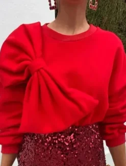 Women's Sweatshirt Crew Neck Long Sleeve White Red Spring & Fall Women Hoodies & Sweatshirts