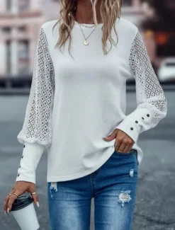 Outlet Women's Sweatshirt Fashion Plain Dailywear Round Neck Buttons Long Sleeve Black White Spring Fall Women Lace Tops