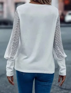 Outlet Women's Sweatshirt Fashion Plain Dailywear Round Neck Buttons Long Sleeve Black White Spring Fall Women Lace Tops