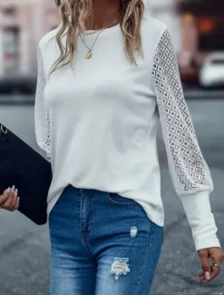 Outlet Women's Sweatshirt Fashion Plain Dailywear Round Neck Buttons Long Sleeve Black White Spring Fall Women Lace Tops