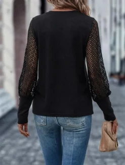 Outlet Women's Sweatshirt Fashion Plain Dailywear Round Neck Buttons Long Sleeve Black White Spring Fall Women Lace Tops